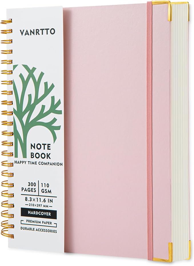 VANRTTO Hardcover Spiral Notebook 8.5x11 IN Notebooks College Ruled Pink | Hardcover Notebook of 110 GSM Lined Paper Notebooks for Work, School, 300 Pages A4 Notebooks College Ruled for Women and Men