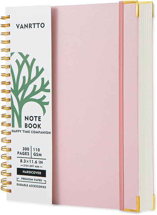VANRTTO Hardcover Spiral Notebook 8.5x11 IN Notebooks College Ruled Pink | Hardcover Notebook of 110 GSM Lined Paper Notebooks for Work, School, 300 Pages A4 Notebooks College Ruled for Women and Men