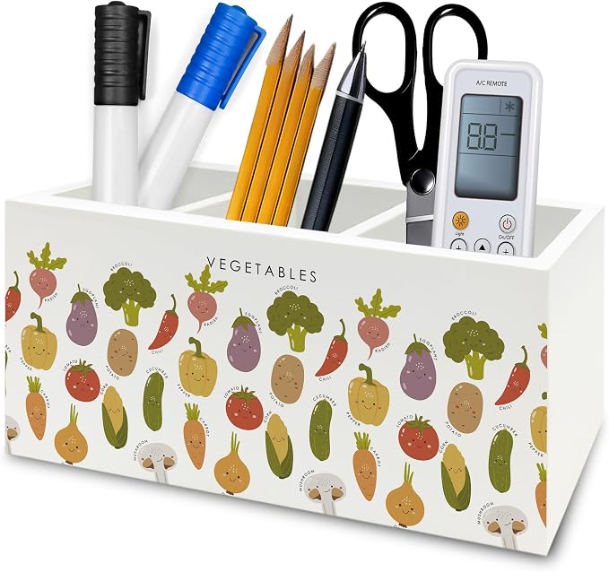 Boho Classroom Pen Pencil Holder Organizer for Desk, Vegetables Educational Wooden Box Signs Decorations for Kids Boys Girls Room Bedroom Classroom Bedroom Desk Tabletop, Kids Room Decor