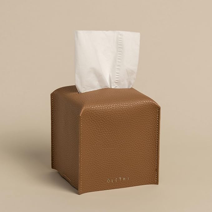 OLETHA Square Tissue Box Cover - Aesthetic Desk Decor for Room, Home & Office - Tissues Cube Boxes Holder - Pale Brown, Set of 2