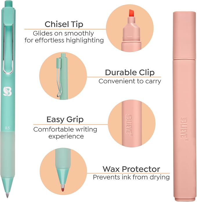 BLIEVE - Aesthetic Highlighters and Gel Pens With Soft Ink and Chisel Tip, Bible Highlighters and Pens No Bleed, Dry Fast Easy to Hold, for Bible Journaling Planner School Supplies (CANDY)