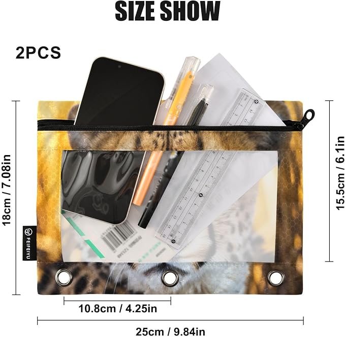 Cheetah Animal Pencil Pouch Fits standard 3-ring binders, Zipper Binder Pencil Bag with Clear Window for Class Office 2 Pack
