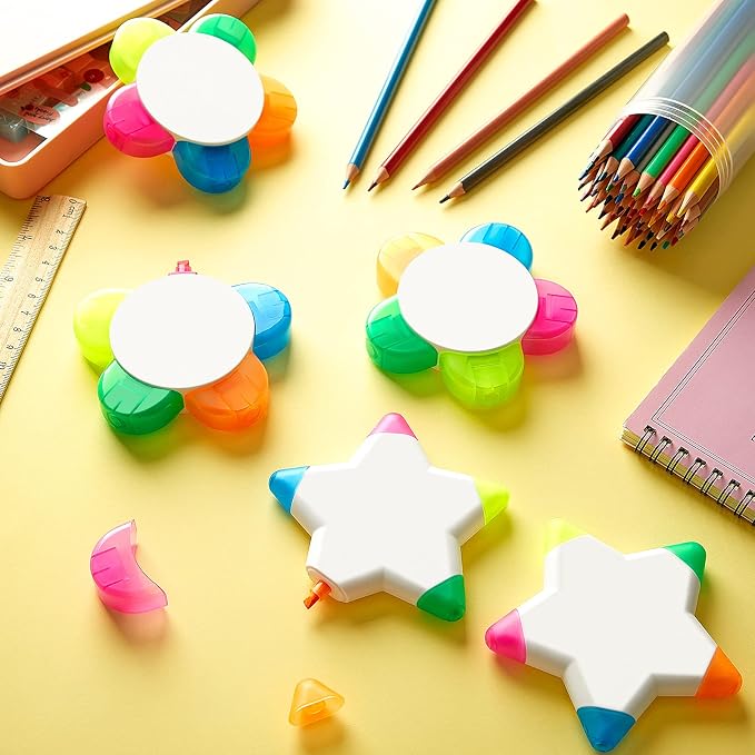 6 Pieces Petals Highlighters Flower and Star Shape Highlighter Cute Watercolor Highlighter Pens 5 in 1 Fluorescent, Brush Tip for Office Stationery Supplies Back to School 5 Colors