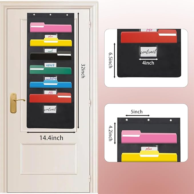 Black Hanging Wall File Organizer with 6 Pockets,2 Packs Wall Hanging File Folder Organizer,Over the Door Storage Pocket Chart with 3 Metal Hangers, Space Saver for Office and Classroom