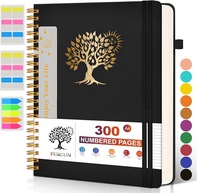 PERCUN Spiral Notebook 300 Numbered Lined Pages Hardcover Journal 8.5"x11" | College Ruled Spiral Bound Notebook with Tabs, A4 Large Leather Journal for Women Men, Work, School, Writing & Note Taking