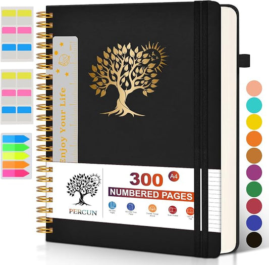 PERCUN Spiral Notebook 300 Numbered Lined Pages Hardcover Journal 8.5"x11" | College Ruled Spiral Bound Notebook with Tabs, A4 Large Leather Journal for Women Men, Work, School, Writing & Note Taking