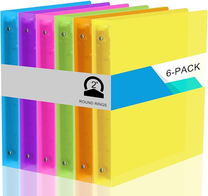 Fulmoon 6 Pack Plastic 3 Ring Binder Assorted Colors Economy Flexible Round Ring Presentation Binders with Pocket for Office School Meeting(2 Inch,Neon Colors)