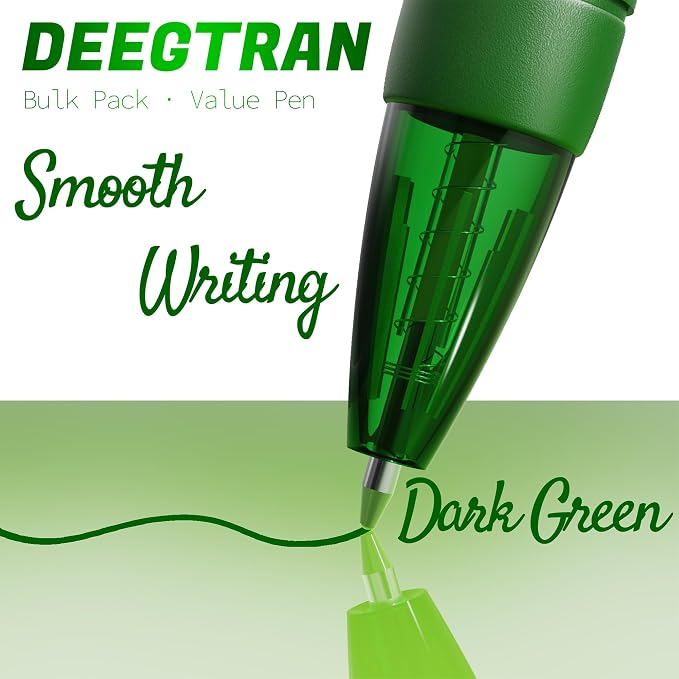 deegtran Pens Bulk, 30 Pack No Bleed Green Ink Click Pens with Soft Grip, Wholesale Retractable Ballpoint Pens for Office School, Medium Point Smooth 1.0MM