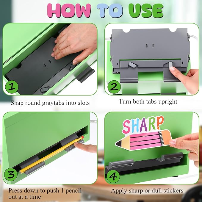 Mifoci 8 Pcs Wooden Pencil Dispenser Kit for Classroom Wooden Pen Holder Straw Dispenser Sharp and Dull Letter Stickers for Teachers Classroom Supplies Storage (Green)