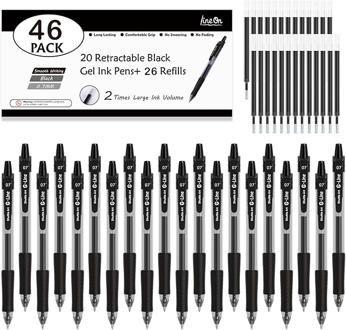Lineon 46 Pack Black Gel Ink Pens (20 Gel Pens with 26 Refills) Medium Point Retractable Writing Smooth Writing with Comfortable Grip for Office School