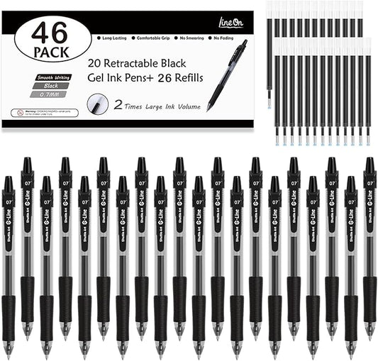 Lineon 46 Pack Black Gel Ink Pens (20 Gel Pens with 26 Refills) Medium Point Retractable Writing Smooth Writing with Comfortable Grip for Office School