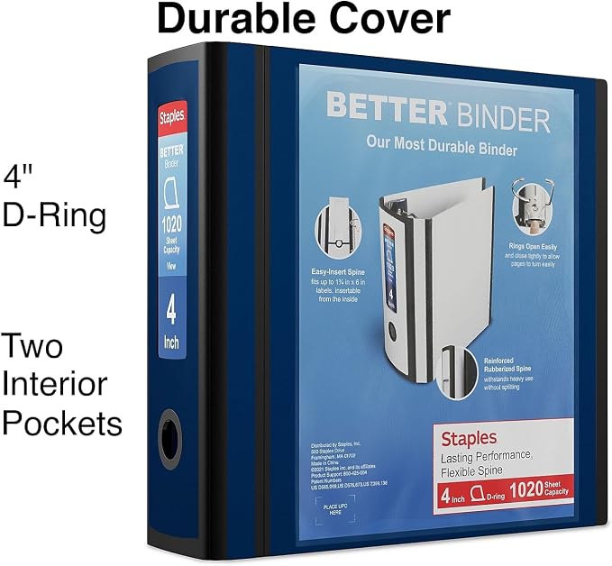 Staples Better Binder 4-Inch D-Ring View Binder, Reinforced Spine, Holds Up to 800 Sheets, Blue, for Office & Archiving