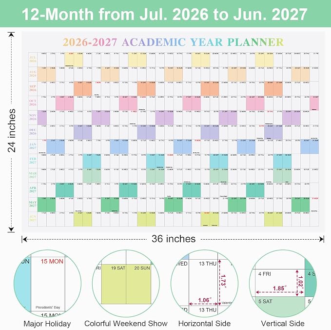 24" x 36" Exellewis 2026-2027 Academic Wall Calendar, July 2026 to June 2027, Folded Large Yearly Planner 12 Months, 2-Sided Reversible Horizontal/Vertical School Office Business Year Calendar