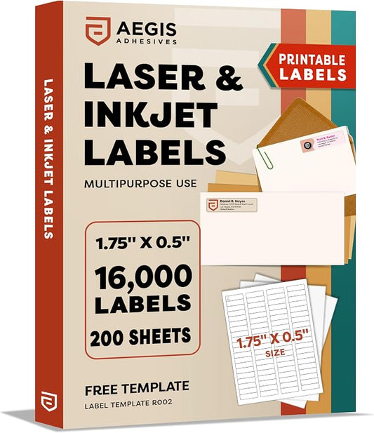 Shipping Labels, Address Labels for Laser Inkjet Printers, 1.75x0.5 Inches | Printable Custom Labels, Mailing Labels for Envelopes, File Folder-Aegis Adhesives Template R002 (200 Sheets, 16000 Stickers)