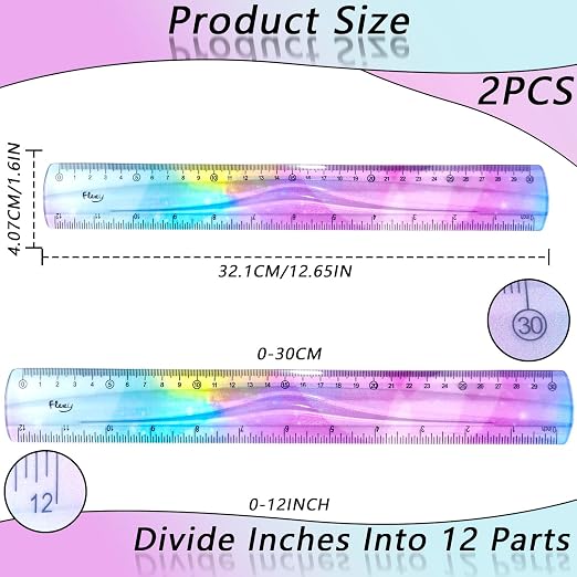 2 PCS 12 Inch Flexible Ruler, Bendable Plastic Ruler, Soft Bendable Gradient Colour Rulers with Centimeters and Inches for Student School Classroom Office Supplies