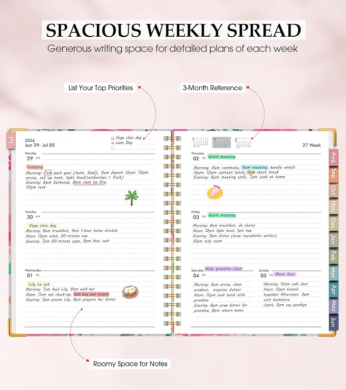 Academic Planner 2026-2027, Hardcover Leather Weekly and Monthly Calendar Planner from July 2026 - June 2027, A4 8.5" x 11" Daily Agenda with Tabs, College School Organizer for Student Teacher, Watercolor Blooms