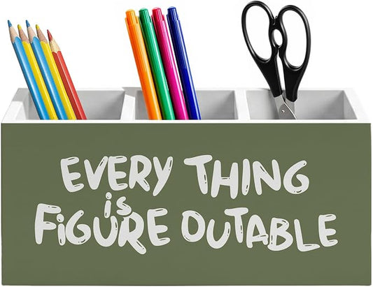 Olive Green Inspirational Pen Holder for Home Office Desk, Everything Is Figureoutable Positive Affirmations Wooden Box Sign Pencil Holder for Desk Shelf Organizer