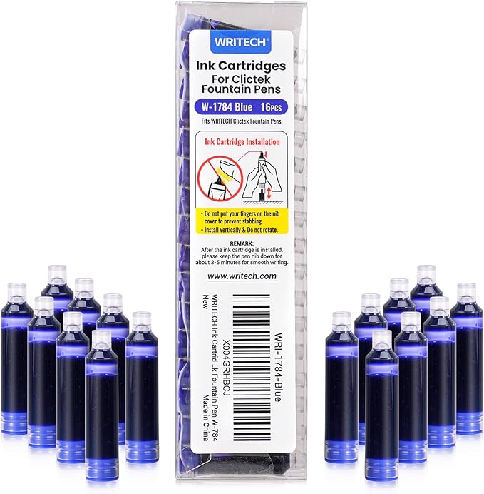 WRITECH W-1784 Cartridge Blue Ink: 16ct Blue Ink Cartridges Set Clictek Fountain Pens
