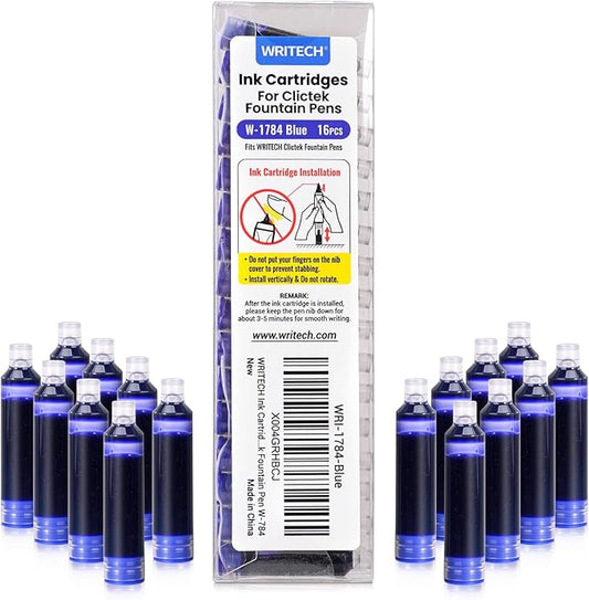 WRITECH W-1784 Cartridge Blue Ink: 16ct Blue Ink Cartridges Set Clictek Fountain Pens