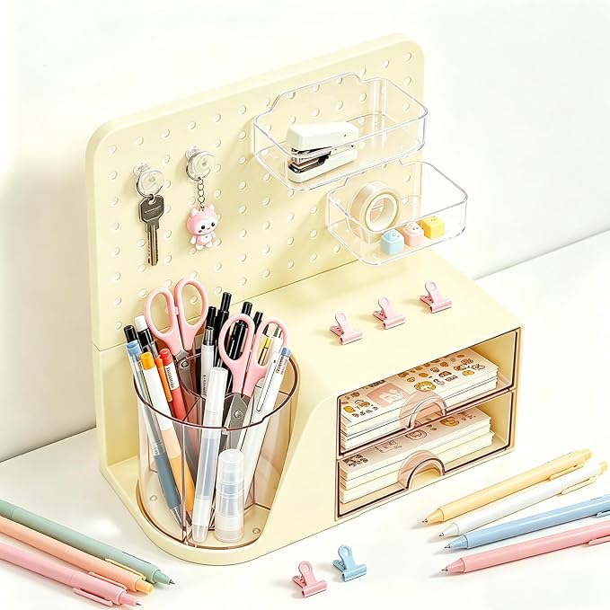 Desk Organizer with 360° Rotating Pen Holder, 5 Slots, 2 Drawers & Pegboard for Office School Art Supplies (Cream)