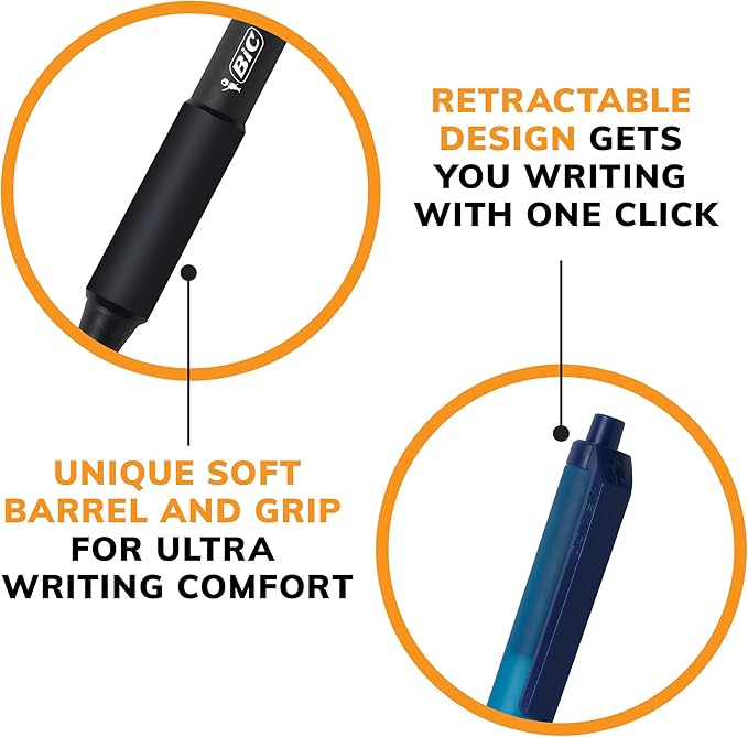 BIC Soft Feel Black Retractable Ballpoint Pens, Medium Point (1.0mm), 12-Count Pack, Black Pens with Soft-Touch Comfort Grip