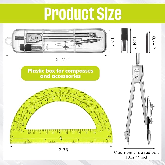 EBOOT Student Geometry Math Set, Drawing Compass and 6 Inch Swing Arm Protractor 180 Degree Math Protractor(Yellow)