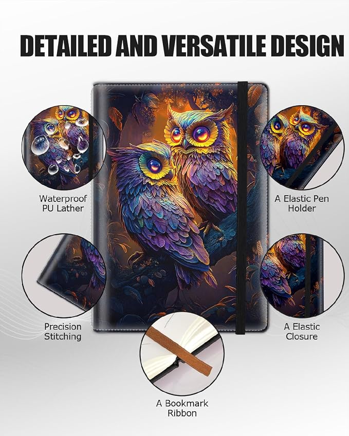Hardcover Executive Notebooks, A5 PU Leather Lined Journal Notebook, 200 Pages Thick Paper Subject Notebooks for School,Work,Home Writing Business Notebook, Diary Book, Owl