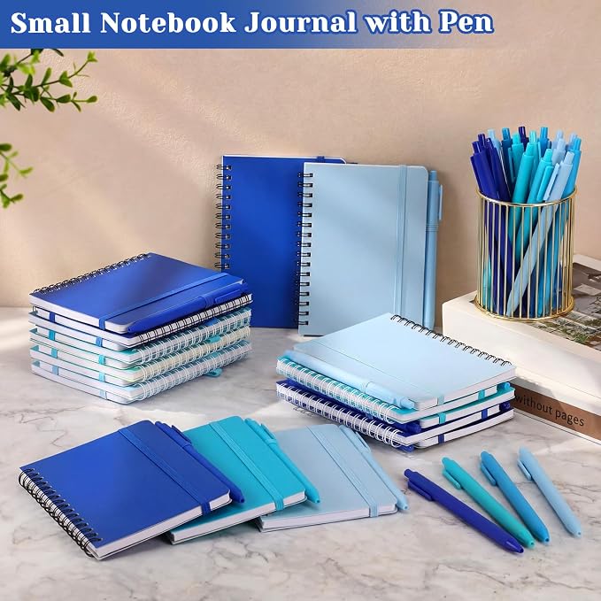 Fulmoon 12 Set Small Spiral Notebooks A6 with Pens Bulk, Multicolor 4" x 6" Pocket Notebooks Mini Lined Journals 50 Sheets for Back to School Supplies Students Gifts Rewards Office (Ocean Blues)