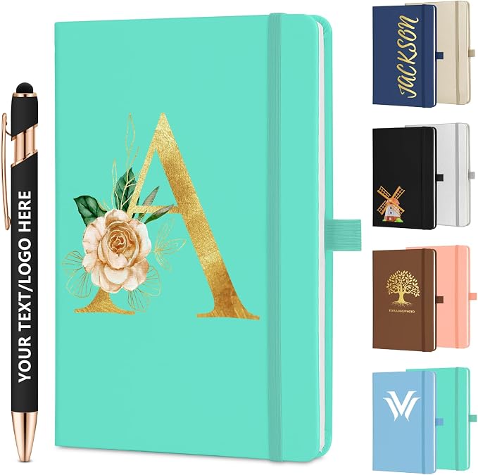 ENOMY Personalized Notebook Journal & 10 PC Pens Gift Set Custom Notebook A5 200 Pages A5 Lined Journal for Men Women Hardcover Notebooks for Work College Graduation Gifts, Lake Blue