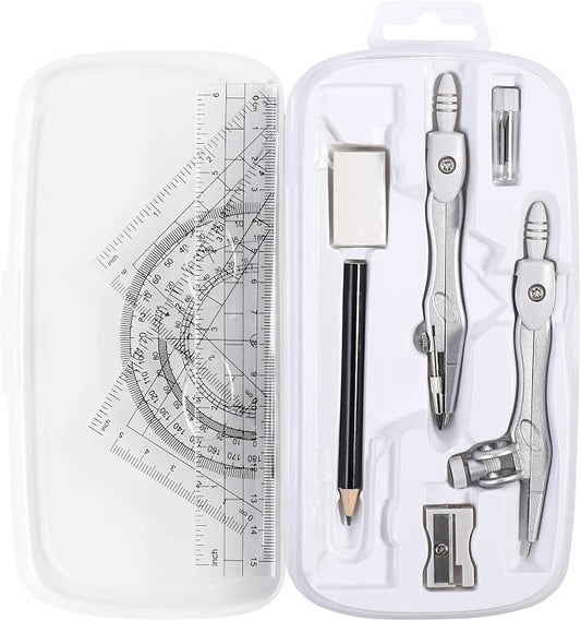 Unjoo Math Geometry Set 10 Pcs, Compass and Protractor for Students(Grey | Shatterproof Storage Box,Rulers,Protractor,Compass,Eraser,Pencil Sharpener,Lead Refills,Pencil,for Classroom, Back to School
