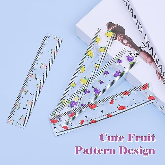 BAYTORY 4Pcs Transparent Acrylic Small Ruler 6 Inch, Straight Mini Rulers | Shatterproof Student Stationery Centimeters with Inches, for Classroom Essentials School Supplies (Fruit 6 Inch)