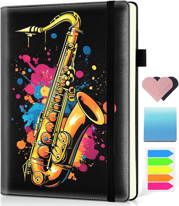 Hardcover Executive Notebooks, A5 PU Leather Lined Journal Notebook, 200 Pages Thick Paper Subject Notebooks for School,Work,Home Writing Business Notebook, Diary Book ，Saxophone Colorful
