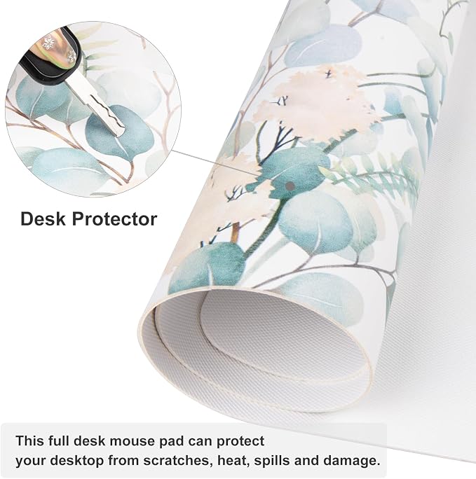 QIYI Large Mouse Pad for Desk, Cute Desk Mat for Desktop, Women Girls Green Office Décor Desk Accessories, PU Leather Waterproof Gaming Mousepad, Eucalyptus Leaf Desk Pad Computer Mat, 31.5" x 15.7"