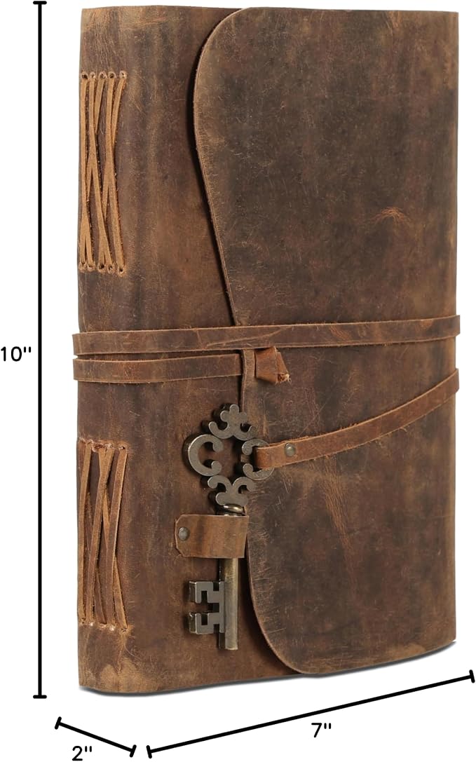Leather Journal with Deckle Edge Paper 8x6 inch and Vintage Key | Handmade Writing Notebook Diary | Bound Daily Notepad for Men & Women Medium, Sketch/Writing pad for Artists
