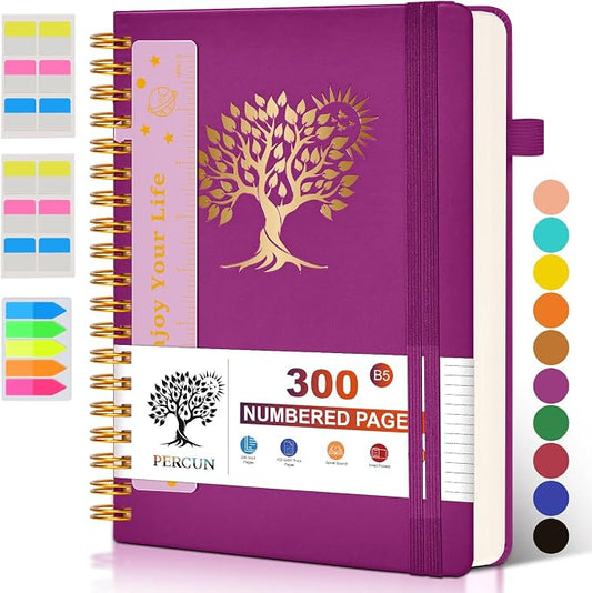 PERCUN B5 Spiral Notebook 300 Numbered Lined Pages Hardcover Journal 7"x10" | College Ruled Spiral Bound Notebook with Tabs, Large Leather Journal for Women Men, Work, School, Travel,Writing,Note Taking