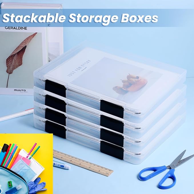 Lemecima 6 Pcs Clear A4 File Box Document Plastic Storage Box Paper Plastic Case Board Game Storage Containers Magazine Protector File Holder with Buckle (Black,12.4 x 9.84 x 1.18 Inches)