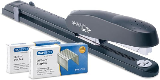 Rapesco 1281 ECO Long Reach Stapler with 10.000 Staples, Type 26 Standard 5/16", 50 Sheet Capacity, Front Loading, Full Strip, Uses Type 26 Standard and Type 24 High-Capacity Staples, Charcoal | Heavy-Duty, Includes 10,000 Standard 5/16" Staples, Rotat...