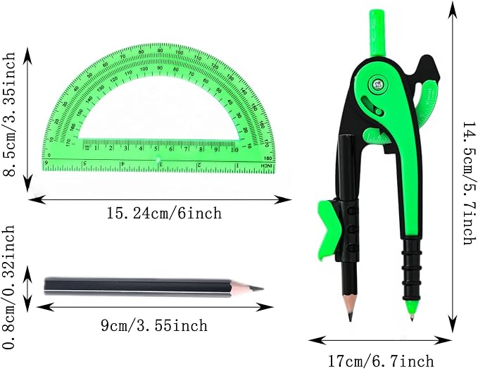 Vobou Compass for Geometry Set, 6 Inch Clear Protractor (Dark Green) | 6 Inch Compass, Sharpener and Eraser, Easy Grip, Drafting Tool for Scool, Art, Drawing Precision Design for Math