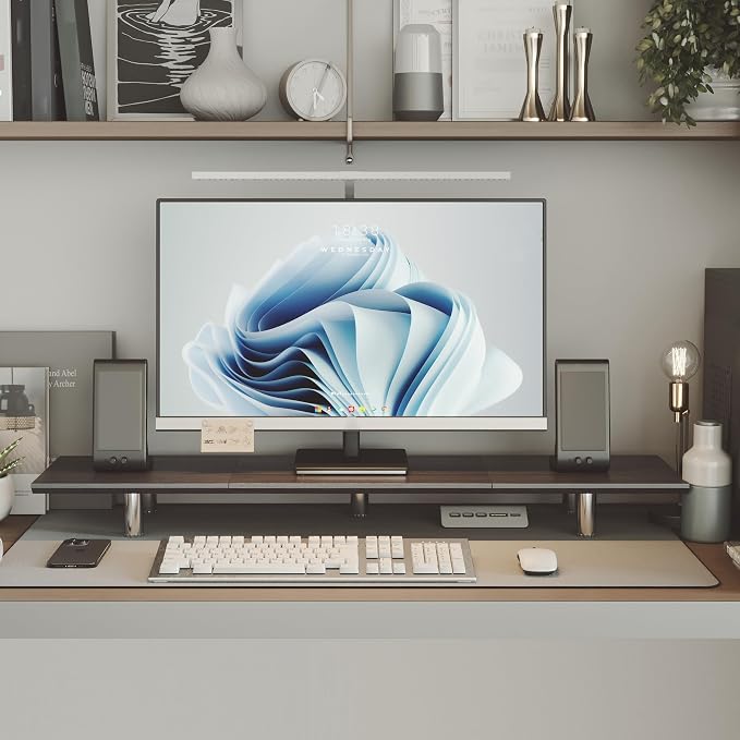 Fenge 39.4” Dual Monitor Stand with Height Adjustable Legs, Black | Wooden & Steel, Ergonomic Height 3.6" to 4.4", Underneath Storage, Holds up to 99lbs, Laptop Monitor Stand for Home Office