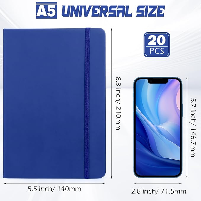 Honoson 20 Pack A5 Lined Journal Notebooks Hardcover Executive Notebook 5.5" x 8.3" PU Leather Wide Ruled Journals Bulk 160 Pages for Back to School Supplies Office Business Home (Royal Blue)