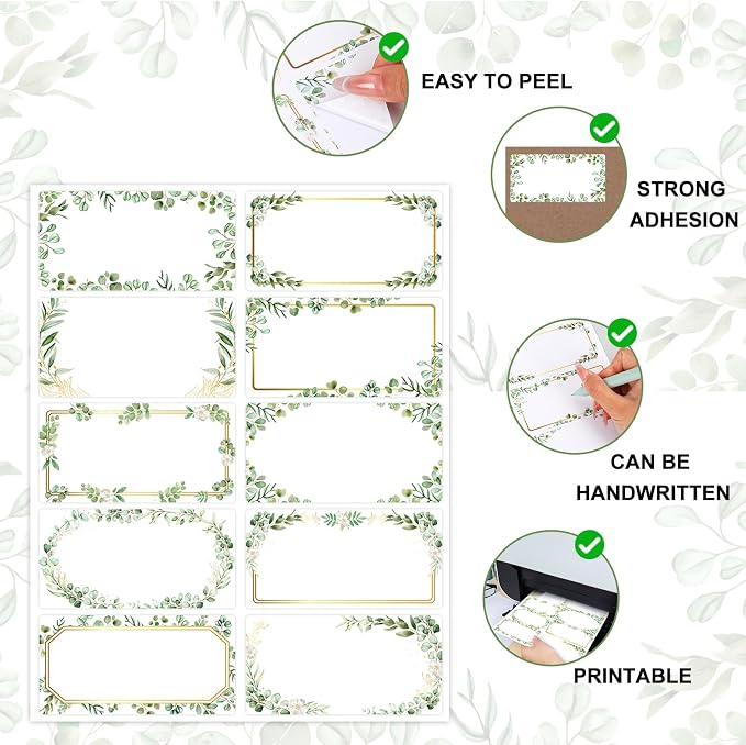 JarThenaAMCS Eucalyptus Address Label Stickers Wedding Greenery Leaves Printable Mailing Labels Self-Adhesive Name Sticker Gift Tag for Baby Shower Mailing Package Office Printer, 200 Pcs, 2 x 4 Inch