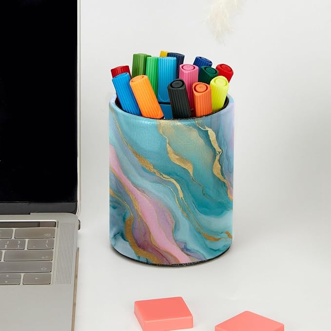 Green Marble Abstract Art Leather Pen Holder for Desk, Multifunctional Desktop Organizer Pencil Cup, Desktop Caddy Stationery Organizer for School Home Office Desk Accessories