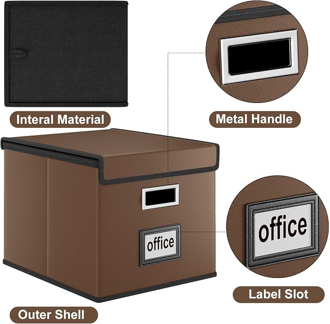 Faux Leather File Organizer Box with Lid, Collapsible Hanging File Folder Box Organizer with Plastic Slides, Decorative Home/Office Filing Boxes for File and Folder Storage - Dark Brown