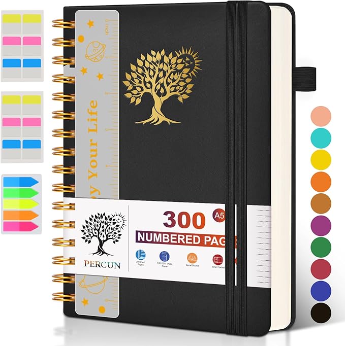 PERCUN Spiral Notebook 300 Numbered Lined Pages Hardcover Journal 5.9"x8.5" | College Ruled Spiral Bound Notebook with Tabs, A5 Leather Journal for Women Men, Work, School, Travel, Writing & Note Taking
