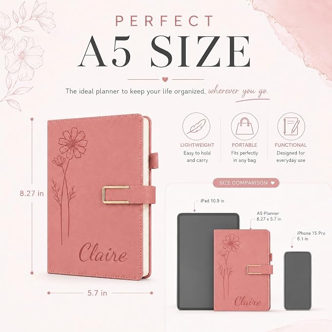 CRME Personalized Birth Flower Notebook, Custom Name Engraved Leather Journal, A5 Writing Journal Gift for Women, Mom, Sister, Teacher, Friend