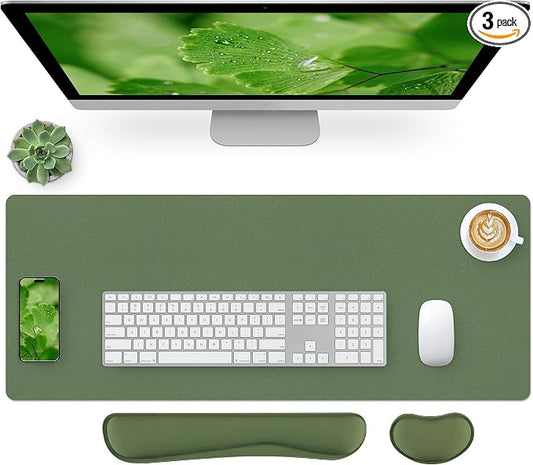 Bloss Leather Mouse Pad with Wrist Rest, Large Mousepad + Keyboard Pad, Non-Slip Desk Mat for Office, Home(27.6" x 13.8", Olive Green)