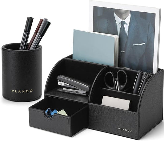 VLANDO Office Desk Organizer Leather Desktop Organizer Caddy with Drawer for Storing Desktop Supplies and Accessories (Black Set)