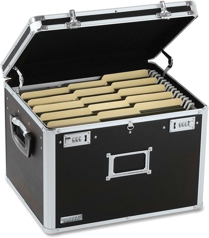 Vaultz Portable File Box, Legal/Letter, Dual-Combination Lock, 17.5x14 In | Sturdy PVC frame with metal rails for hanging files, side handles for carrying, chrome-plated lock accents, black finish