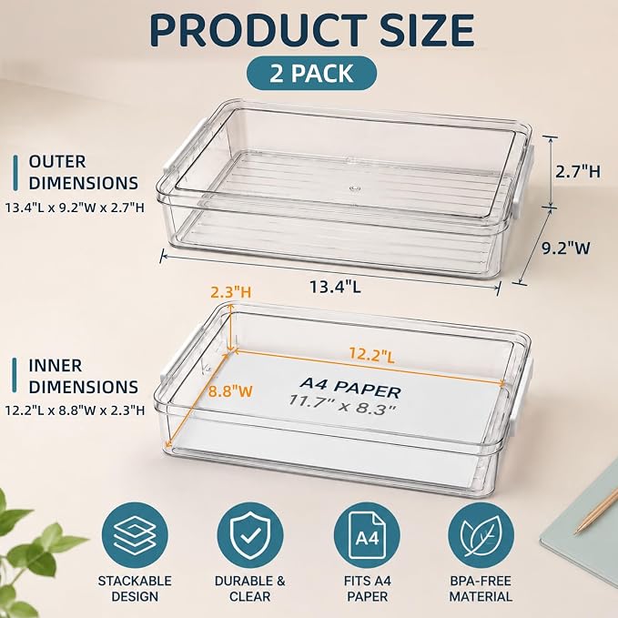 2 Pack Plastic File Storage Boxes, Flat Clear A4 Paper Art Supply Storage Organizer with Lids Latches, Stackable Magazine Bins Letters Documents Container for Home, Office