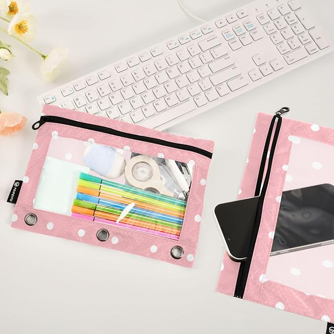 ALAZA Pencil Pouch for 3 Ring Binder, White Polk Dot Pink Binder Pencil Pouches with Clear Window Zipper Pencil Case Cosmetic Bags for Office College Supplies, 2PCS
